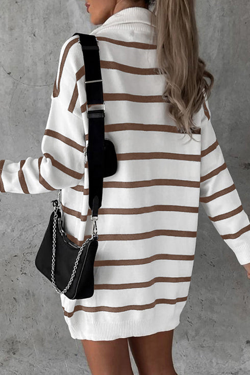 Striped O-Ring Zip Front Collared Drop Shoulder Long Sleeve Sweater Dress